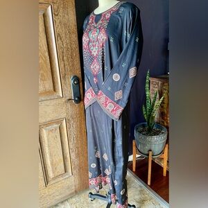 Black Boho Maxi Dress with Pink & Teal Print